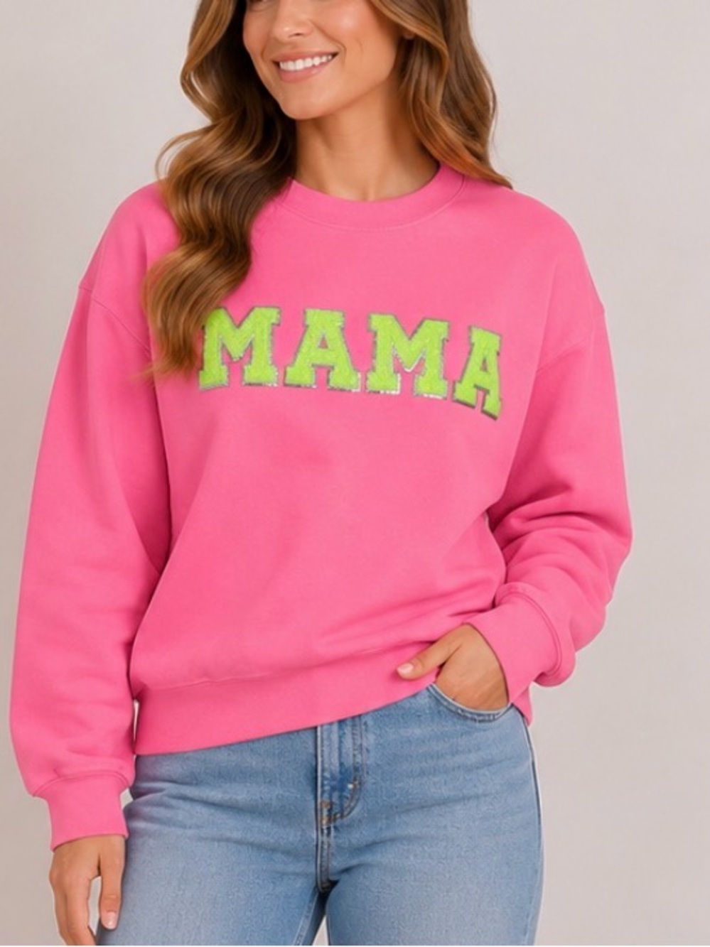 Gildan Neon Pink MAMA Sweatshirt with Lime Appliqué SZ MD